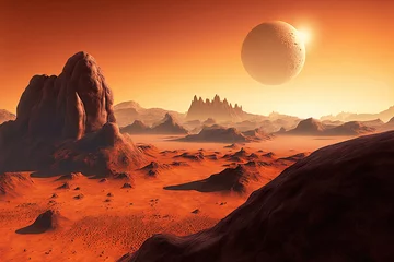 Crédence de cuisine en verre imprimé Brique A realistic science fiction Mars planet environment features an orange degraded desert with mountains and a bright sun. Generative AI