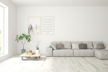 White living room with sofa. Scandinavian interior design. 3D illustration