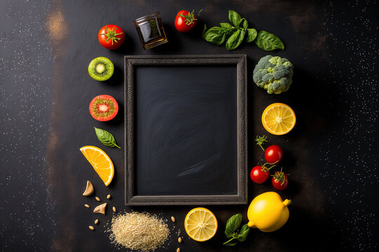Over a black blackboard, food elements for a smoothie or drink are placed on painted glass. copy space on the top view. fruits, vegetables, nuts, and seeds that are organic. Clean eating, detox, and v