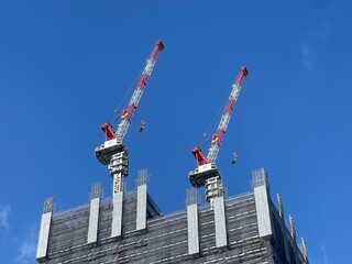 tower building, construction, architecture, crane, sky, tower, city, skyscraper, urban, site, blue, steel, business, concrete, office, structure, development, high, industry, apartment, buildings, new