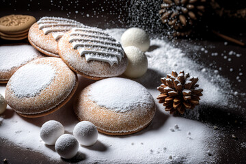 Fototapeta na wymiar Christmas cookies with a sugar coating that levitate. Generative AI