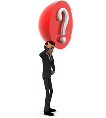 3d man thinking and a question mark in a circle concept