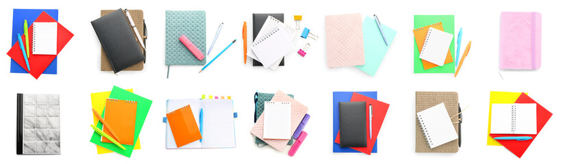 Collage of stylish notebooks with stationery on white background, top view