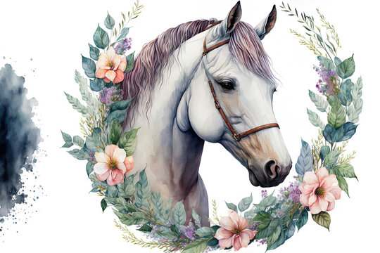 Illustration of a horse head with a floral wreath in watercolor on a white background. watercolors of animals. Generative AI