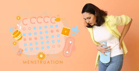 Young woman suffering from pain and menstrual calendar on orange background