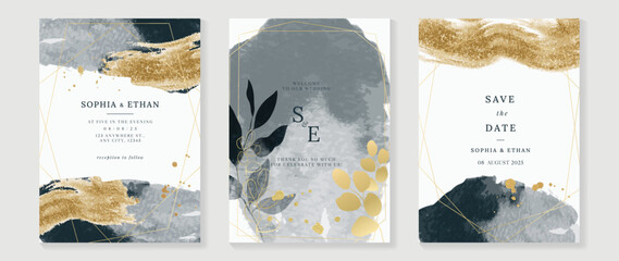 Luxury wedding invitation card template. Watercolor card with gold line art, leaves branches, foliage. Elegant autumn botanical vector design suitable for banner, cover, invitation.
