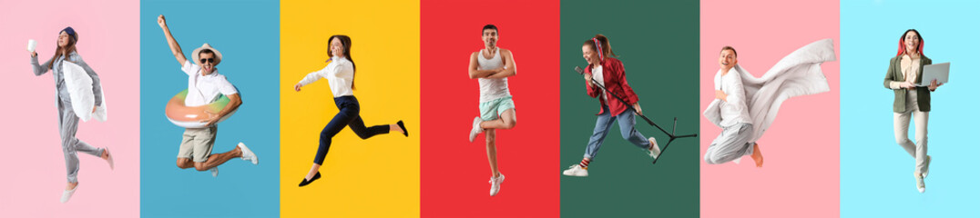 Fototapeta na wymiar Set of jumping people on color background