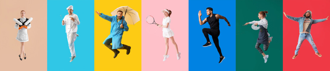 Collage of jumping people on color background