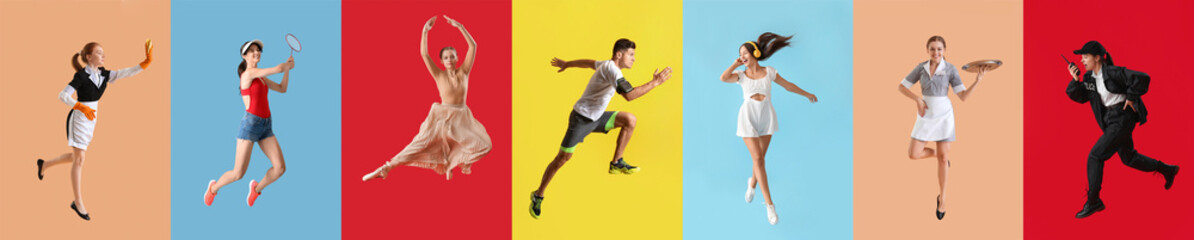 Collection of jumping young people on color background