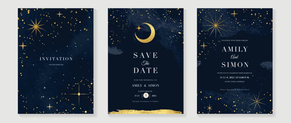 Galaxy themed wedding invitation vector template. Collection of luxury save the date card with watercolor, star, gold sparkle. Starry night cover design for background, greeting, brochure, flyer. - obrazy, fototapety, plakaty