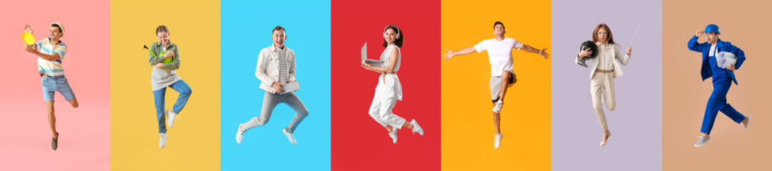 Group of jumping young people on color background