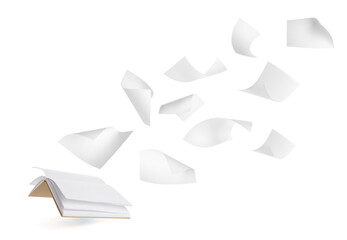 Open book and many flying pages on white background