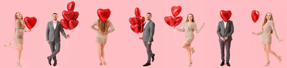 Set of young people with heart-shaped balloons on pink background. Valentine's Day celebration