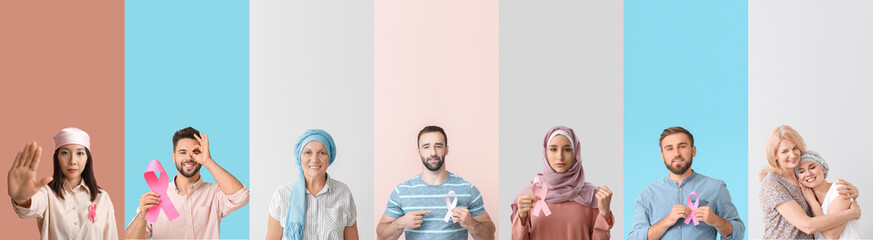 Set of people with awareness ribbons on color background. World Cancer Day