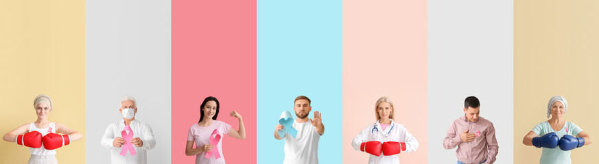Set of doctors and patients on color background. World cancer Day