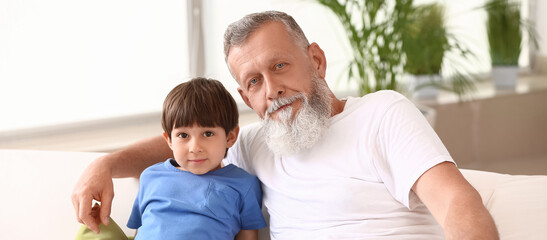 Cute little boy with grandfather at home