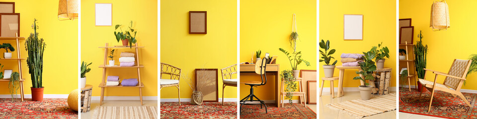 Collage of blank photo frames in stylish room interiors near yellow wall