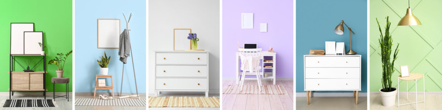 Collage of blank photo frames in modern minimalist interiors