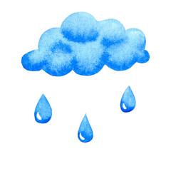 Blue cloud with raindrops. Hand drawn watercolor illustration isolated on white background