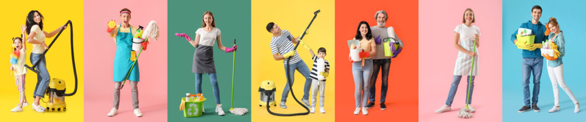 Obraz premium Set of people with cleaning supplies on colorful background