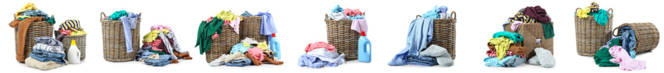 Collage of wicker baskets with dirty clothes on white background