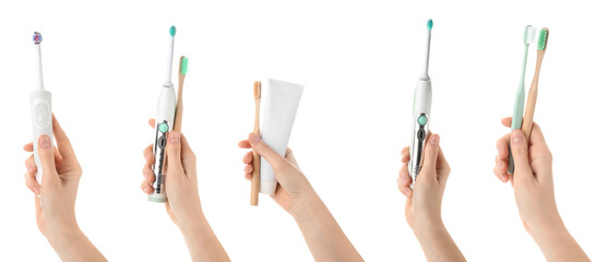Set of hands with different toothbrushes and paste on white background
