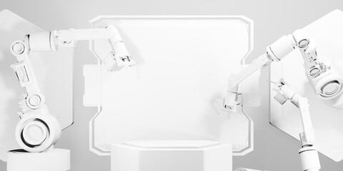 ai automatic robotic arm machine for industrial factory business with futuristic background, 3d illustration rendering