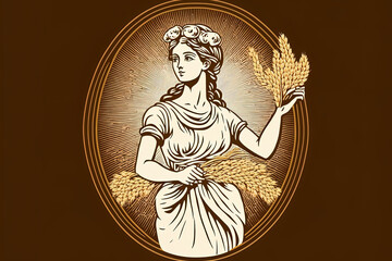 Greek goddess holding wheat in an illustration from ancient Roman mythology. Design templates for beer, bakeries, or cosmetic companies. Generative AI - obrazy, fototapety, plakaty