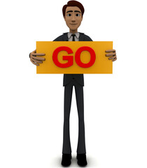 3d man standing with go text in round shape concept