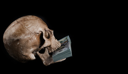 Model of a human skull and a pack of American dollars