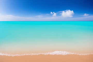 Fototapeta na wymiar Golden sand with blue ocean. Beautiful tropical beach. White sand tropical paradise beach background summer vacation concept. Sea water against a white cloudy blue sky. Copy space.