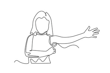 Continuous one line drawing girl showing her arm. Kids body parts anatomy concept. Single line draw design vector graphic illustration.