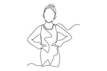Continuous one line drawing happy girl showing her belly. Kids body parts anatomy concept. Single line draw design vector graphic illustration.