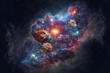 backdrop of a galaxy nebula with flowers. Generative AI