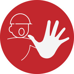 white outline vector illustration of red round man gesture denied or stop raising hand prohibited, stop, denied, do not enter sign, prohibition, attention, warning template design