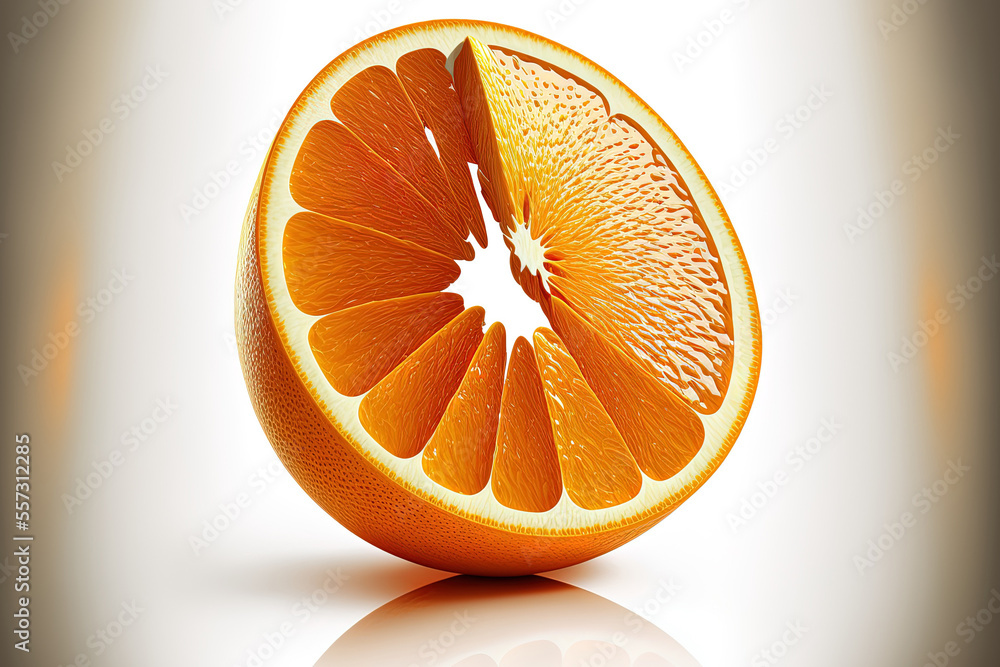 Poster orange slice held still. separately slice an orange. using a clipping path, slice an orang on white.