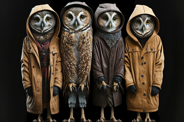 a group of owls dressed in various looks. Generative AI