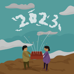 Illustration of a child holding a surprise box for 2023 new year celebration
