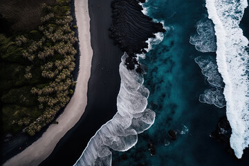 aerial picture of a beach with black sand. Generative AI