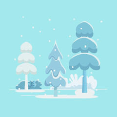 Various kinds of trees and shrubs covered with snow with falling snowflakes