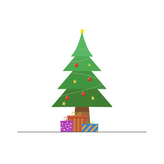 Christmas tree decorated with colorful lights and stars with gifts