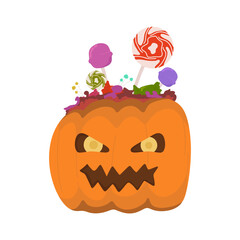 Art & IllustrationA big scary pumpkin filled with sweet candy for Halloween