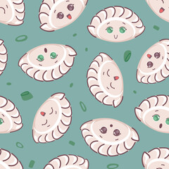 Jiaozi and greens. Seamless pattern Chinese New Year fried dumplings, shaped like ancient silver and gold ingots. Cute cartoon character. For menu cafe, wallpaper, fabric, wrapping, background.