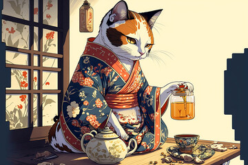 cute relaxed cat, drinking tea, kimono, cartoon style Generative AI
