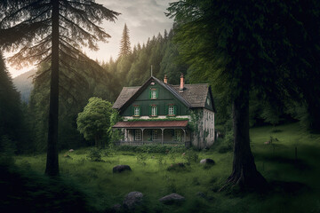 Beautiful rural home photographed in Switzerland amid the trees in a forest. Generative AI