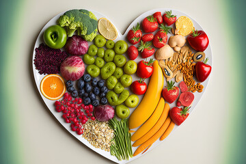 Healthy nutrition eating with fresh fruits and vegetables in heart dishes is advised by nutritionists and doctors for patient wellbeing. This includes cholesterol diets. Generative AI - obrazy, fototapety, plakaty