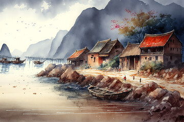 Lovely coastal chinese village Landscape in watercolour. Generative AI