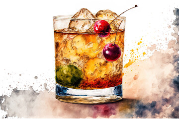Watercolor artwork of an Old Fashioned drink in a rocks glass with a Luxardo Cherry, set against a white backdrop. Generative AI