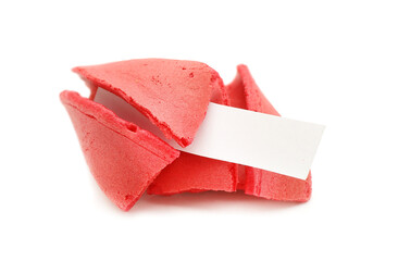 Red fortune cookies with piece of paper on white background