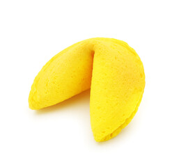 Yellow fortune cookie on white background